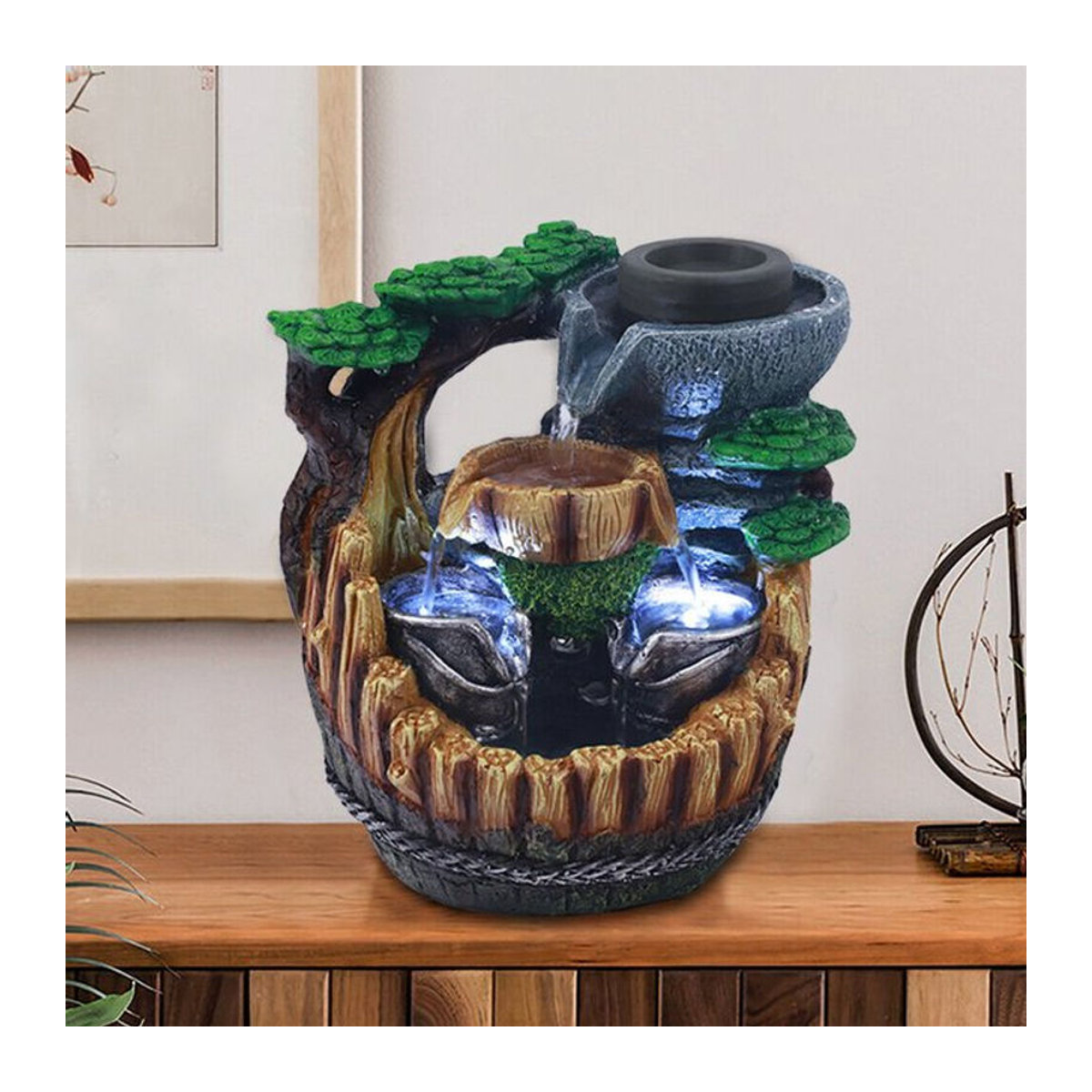 Bymaocar LED Wasserbrunnen für Innen und Außen mit Lichteffekten, moderner Wasserfall aus Kunstharz in Bunt - Bild 1
