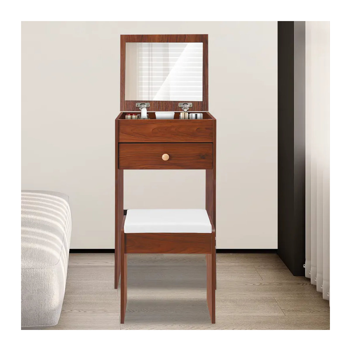 Bymaocar Schminktisch mit Spiegel und Hocker in Braun, moderner Make-up-Tisch mit Aufbewahrungsfächern und weichem Sitzkissen für dein Schlafzimmer - Bild 2