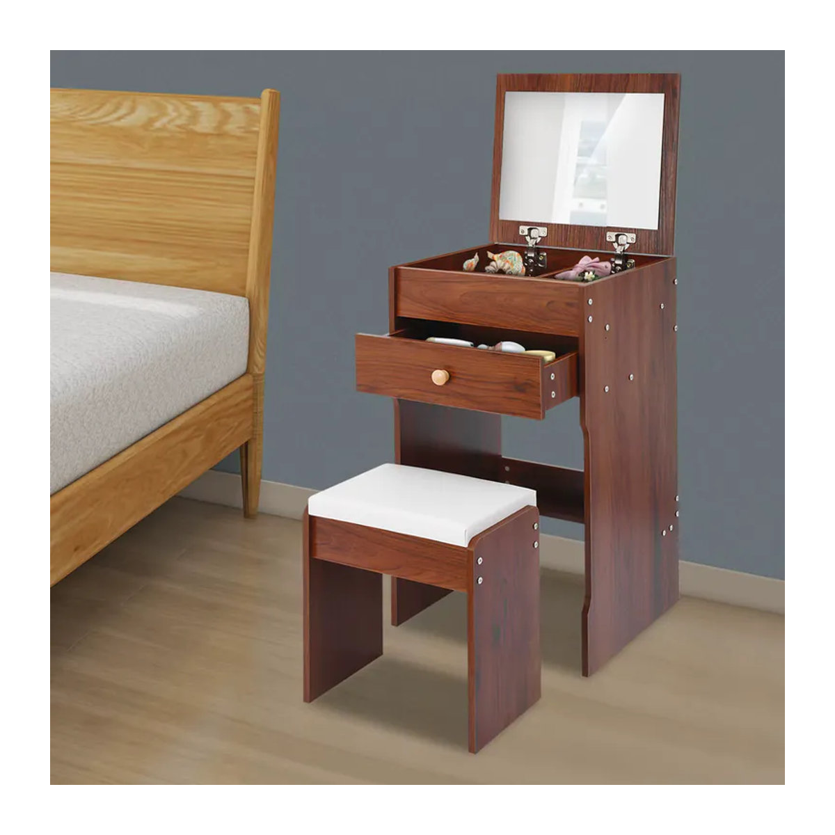 Bymaocar Schminktisch mit Spiegel und Hocker in Braun, moderner Make-up-Tisch mit Aufbewahrungsfächern und weichem Sitzkissen für dein Schlafzimmer - Bild 4