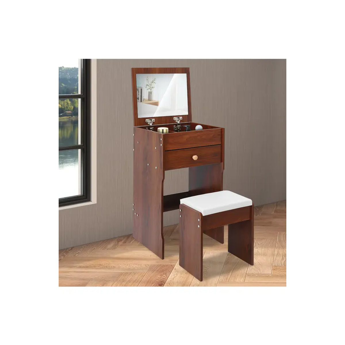 Bymaocar Schminktisch mit Spiegel und Hocker in Braun, moderner Make-up-Tisch mit Aufbewahrungsfächern und weichem Sitzkissen für dein Schlafzimmer - Bild 5