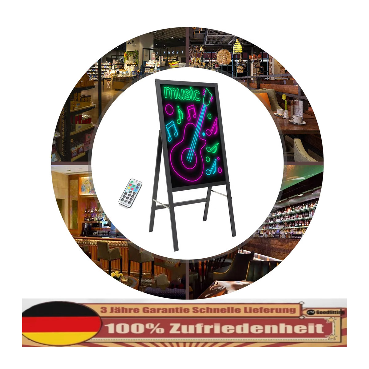 Bymaocar Stehende LED-Schreibtafel in Schwarz, Rechteckige Nachrichtentafel mit Fernbedienung und 8 Neonstiften, B: 40 cm, H: 60 cm - Bild 1