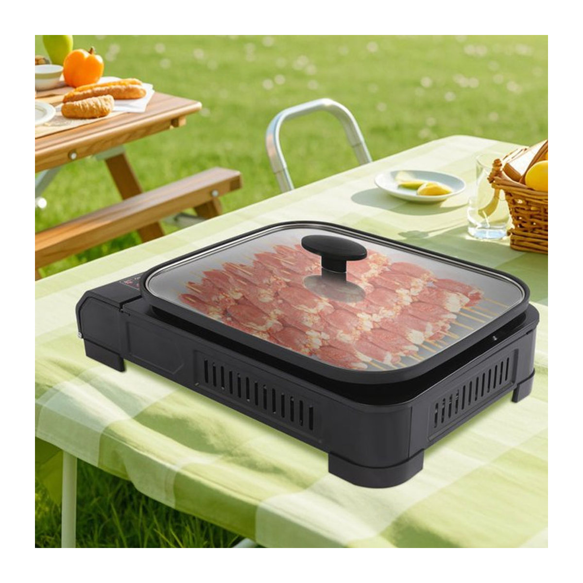 Bymaocar Tragbarer Elektro-Grill aus Edelstahl in Schwarz mit 2,1 kW Leistung und Backblechdeckel für Camping und Picknick - Bild 1