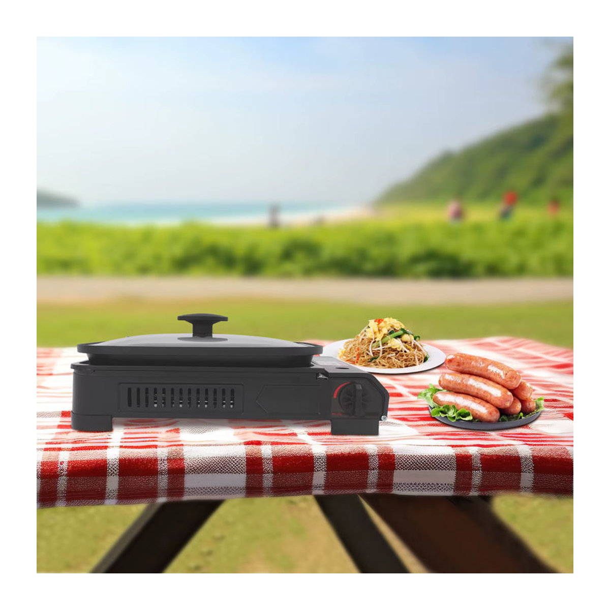 Bymaocar Tragbarer Elektro-Grill aus Edelstahl in Schwarz mit 2,1 kW Leistung und Backblechdeckel für Camping und Picknick - Bild 2