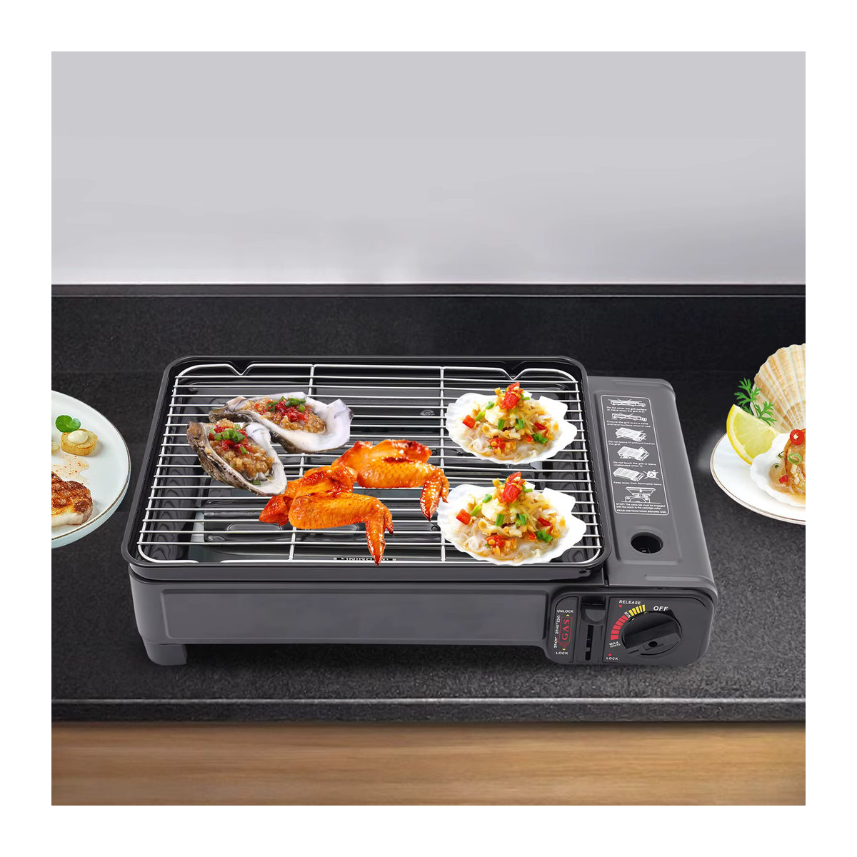 Bymaocar Tragbarer Gasgrill in Grau mit Tragetasche und einstellbarer Feuerkraft für Outdoor-Camping und Partys - Bild 2
