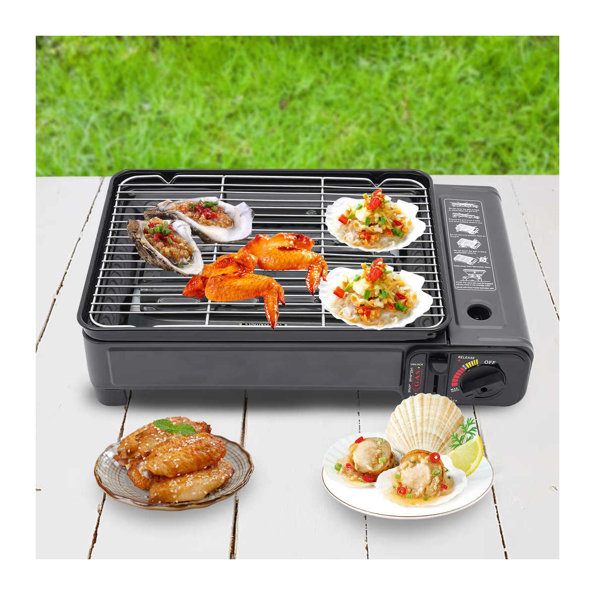 Bymaocar Tragbarer Gasgrill in Grau mit Tragetasche und einstellbarer Feuerkraft für Outdoor-Camping und Partys - Bild 3