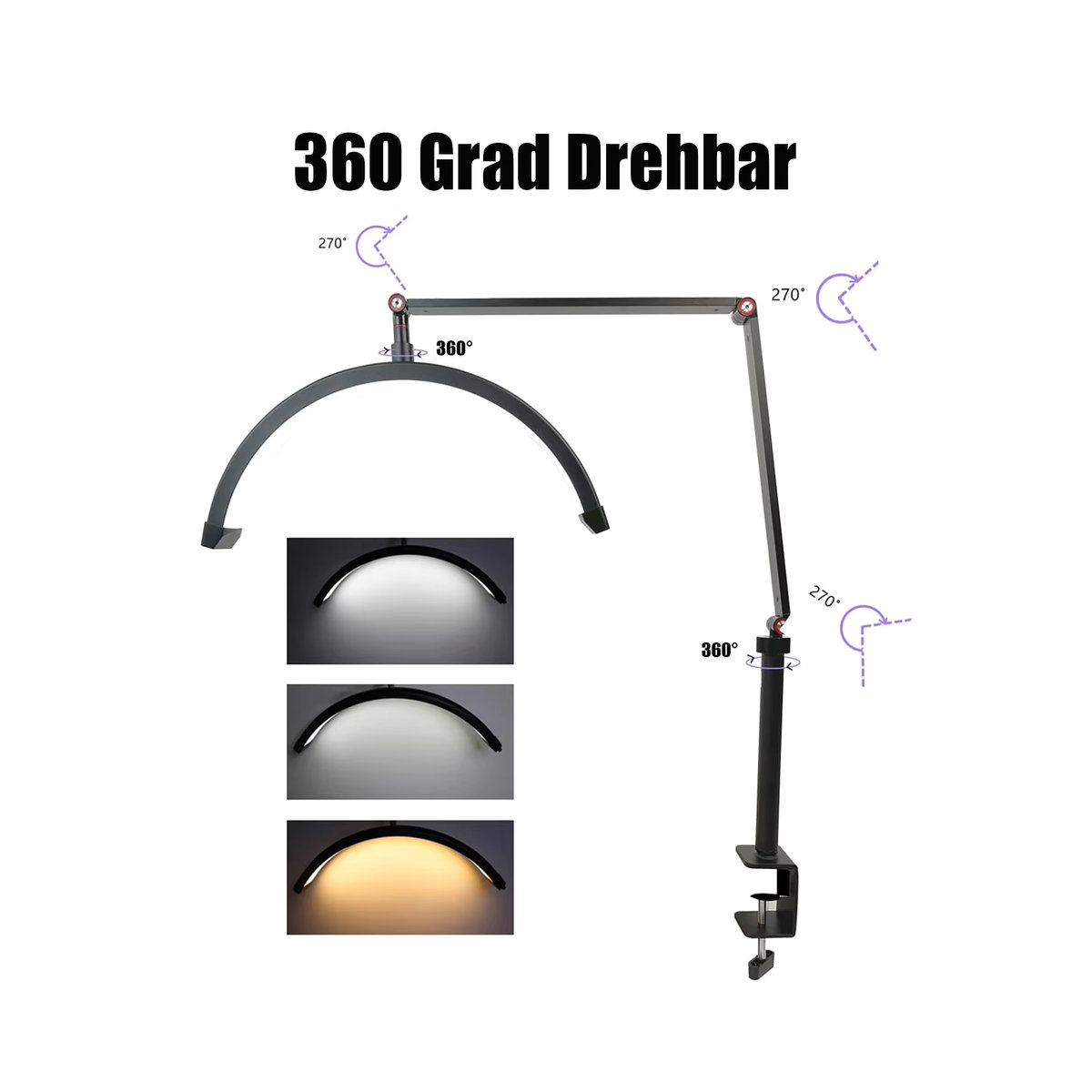 Bytelike Halbmond Fülllicht Tischlampe aus Metall in Schwarz mit 20W, dimmbar, 3000 K – 6000 K und C-Klemme - Bild 2