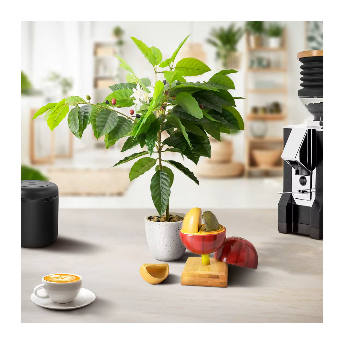 CAFEMASY Künstliche Kaffeebohnen Dekoration in Rot mit Holzbasis als Lehrmodell oder Pflanzenbaum für deine Kaffeebar - Bild 6