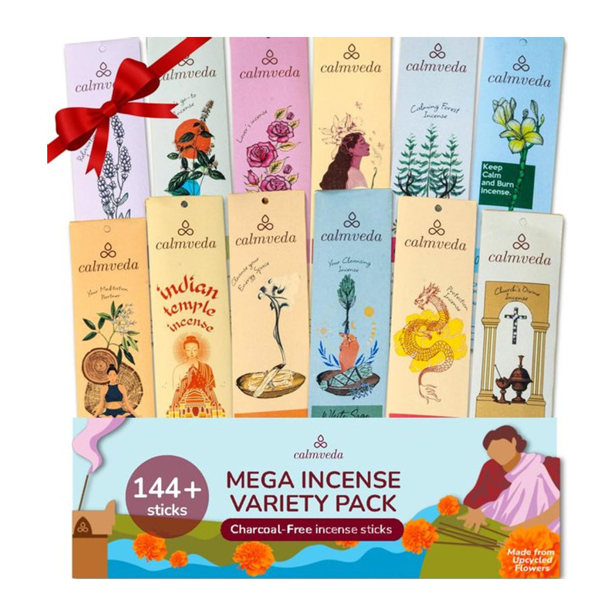 CALMVEDA Natürliche Räucherstäbchen Sortenpackung mit 12 Aromen, 144 Stück, Mehrfarbig - Bild 1