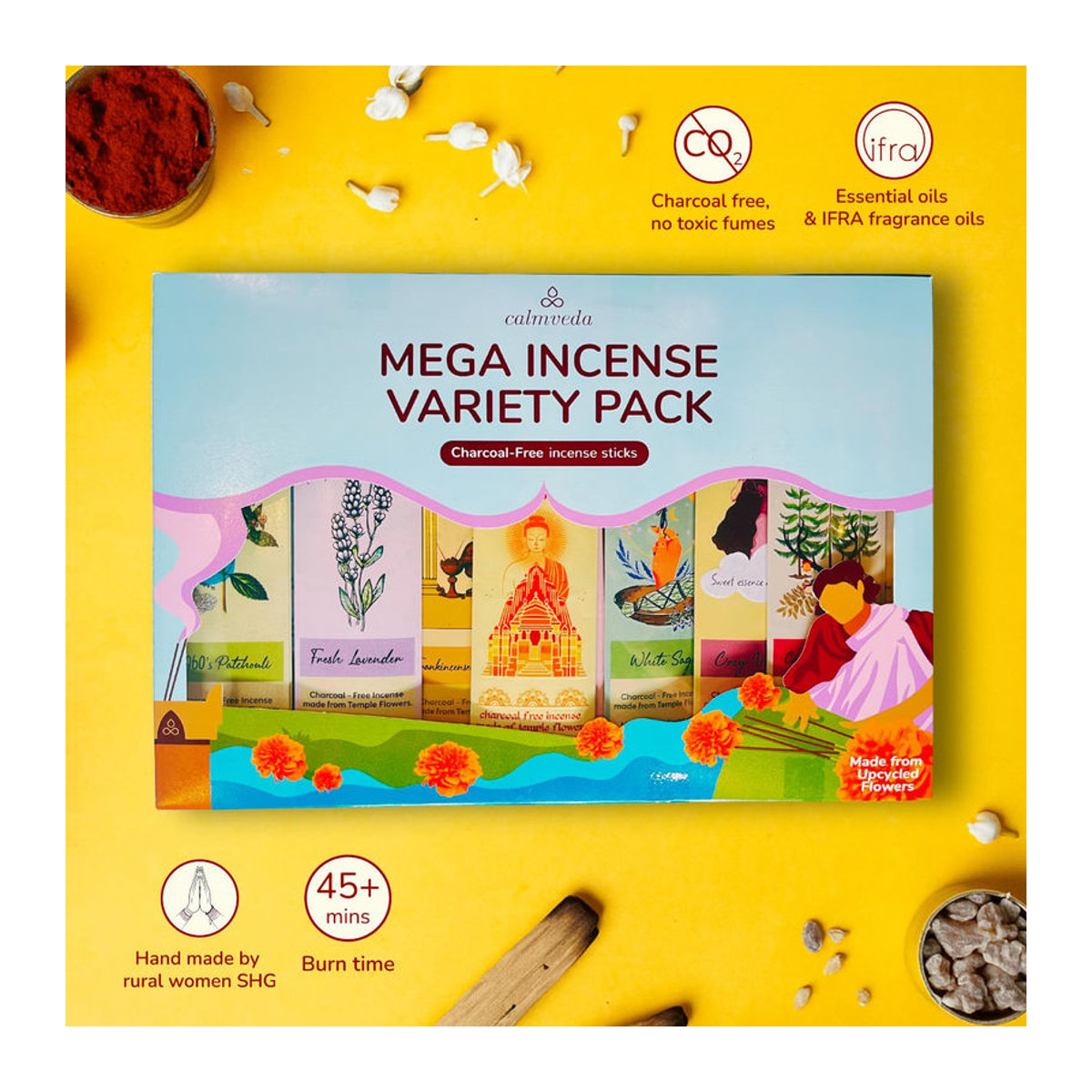 CALMVEDA Natürliche Räucherstäbchen Sortenpackung mit 12 Aromen, 144 Stück, Mehrfarbig - Bild 2