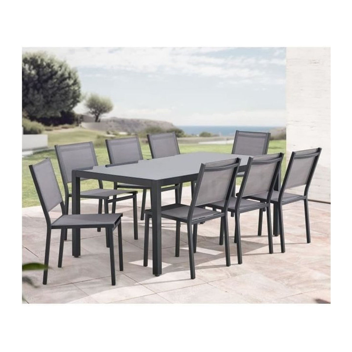 CALVI Gartenmöbel-Set Moderne Essgruppe in Grau mit 180 cm Tisch und 8 Stühlen aus Aluminium und Glas - Bild 1