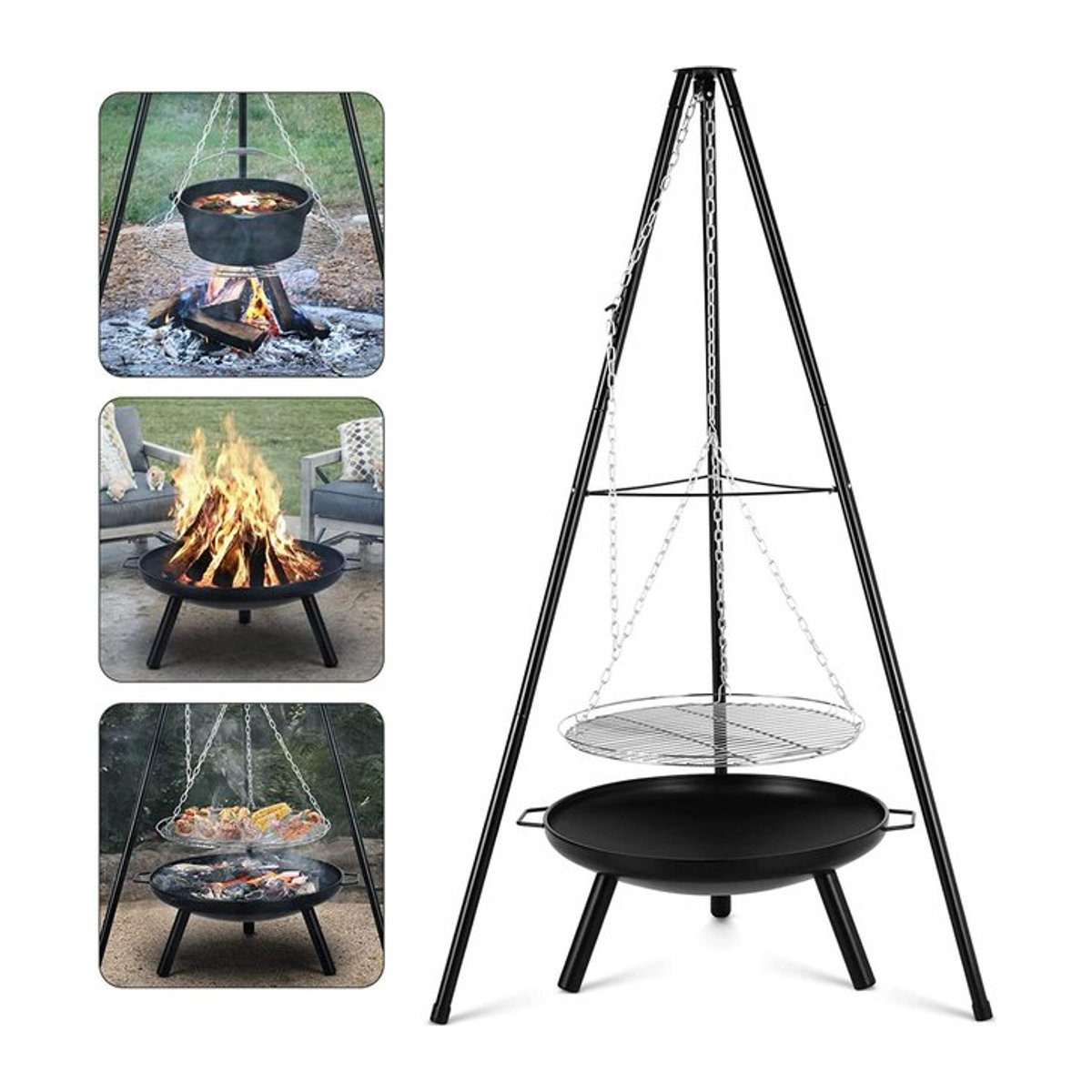 Camping Feuerstelle mit Stativ und Topfhalter Set in Schwarz aus Metall, Höhe: 152 cm - Bild 1