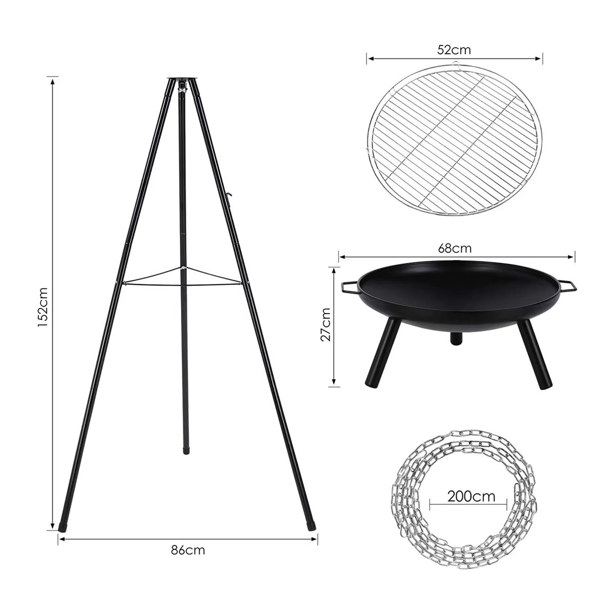 Camping Feuerstelle mit Stativ und Topfhalter Set in Schwarz aus Metall, Höhe: 152 cm - Bild 2