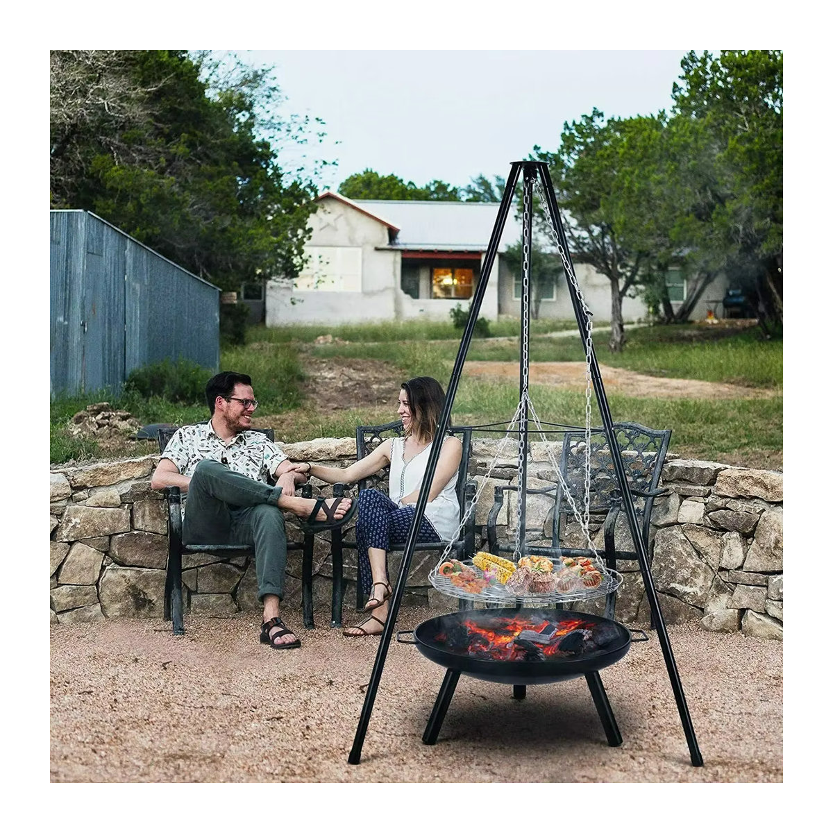 Camping Feuerstelle mit Stativ und Topfhalter Set in Schwarz aus Metall, Höhe: 152 cm - Bild 3