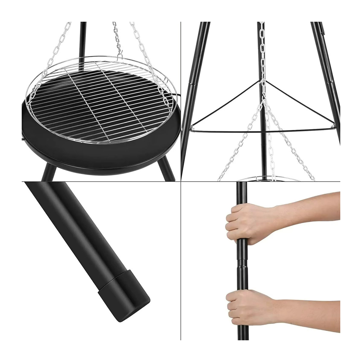 Camping Feuerstelle mit Stativ und Topfhalter Set in Schwarz aus Metall, Höhe: 152 cm - Bild 5