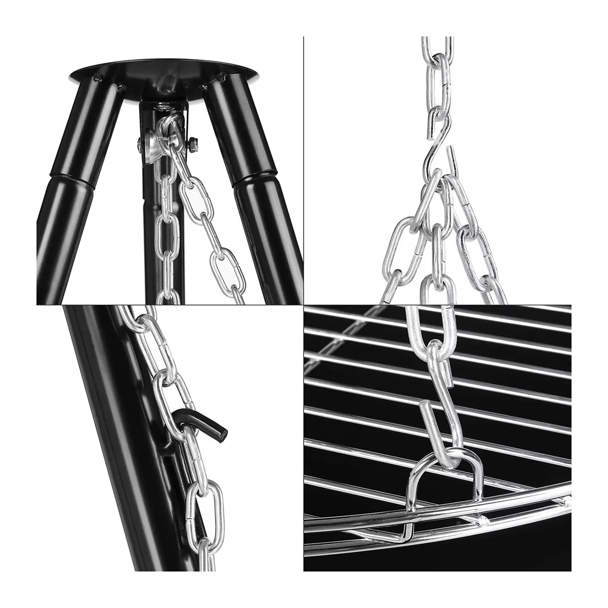 Camping Feuerstelle mit Stativ und Topfhalter Set in Schwarz aus Metall, Höhe: 152 cm - Bild 6