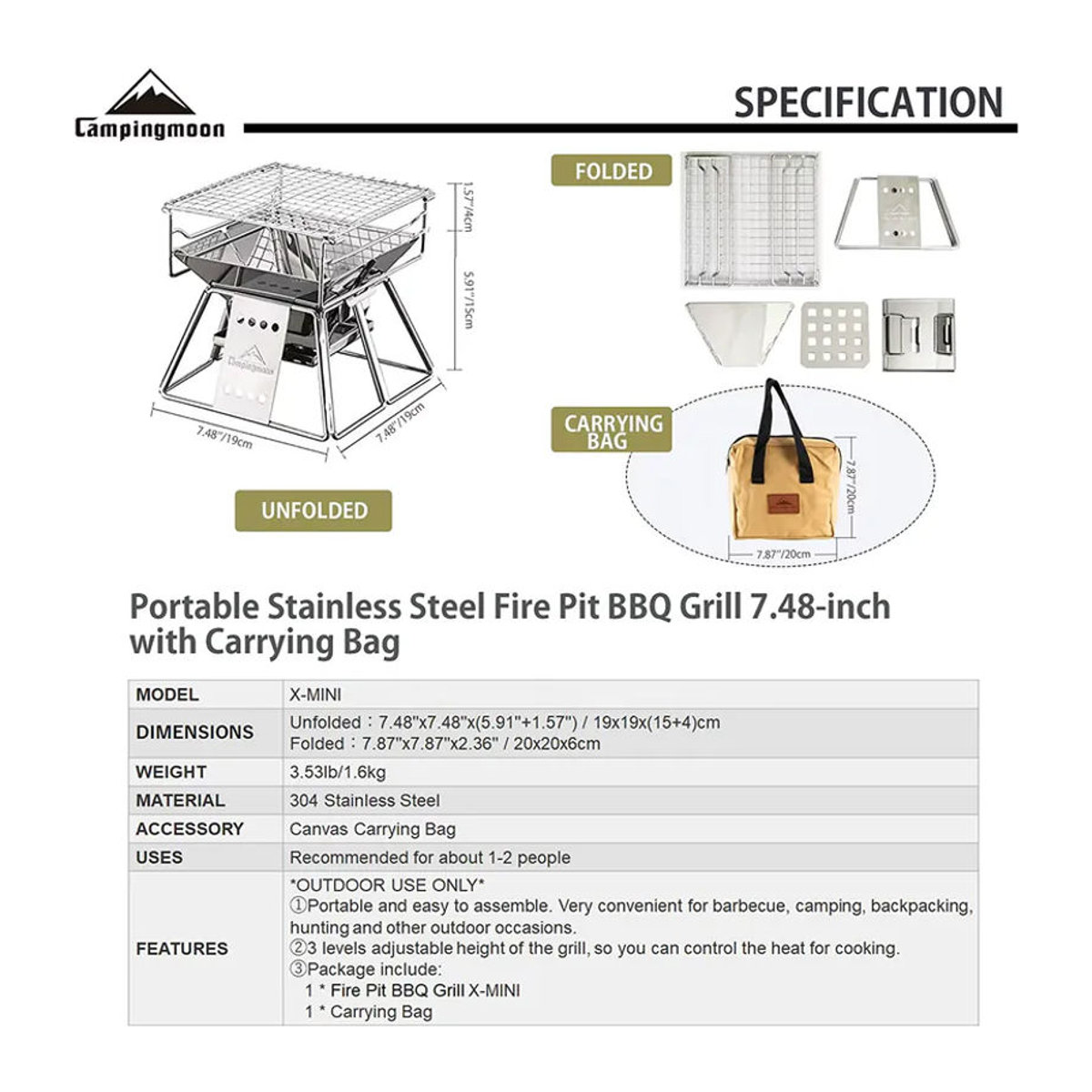 Camping moon Tragbarer Holzkohlegrill aus Edelstahl faltbar und vertikal verstellbar - Bild 3