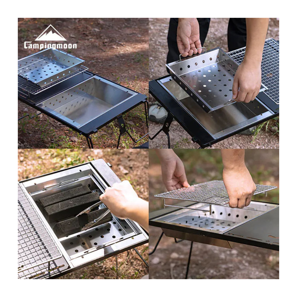 CAMPINGMOON UG-1 IGT Carbon-Grill Erweiterbarer windgeschützter Grillherd aus Holz und Metall in Schwarz - Bild 1