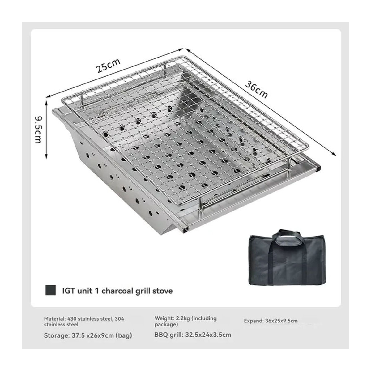 CAMPINGMOON UG-1 IGT Carbon-Grill Erweiterbarer windgeschützter Grillherd aus Holz und Metall in Schwarz - Bild 6