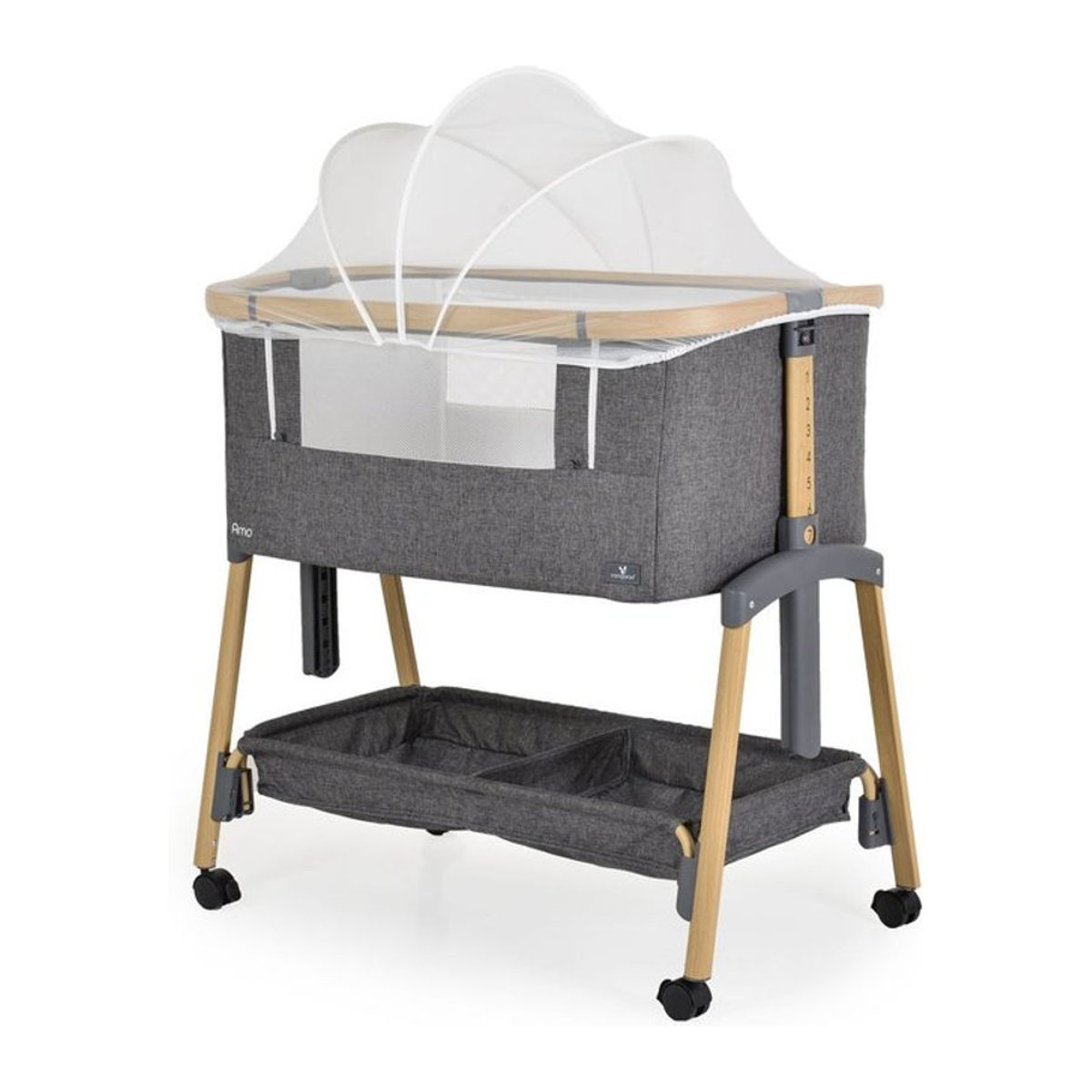 Cangaroo Beistellbett Amo Babybett höhenverstellbar mit Moskitonetz und Rollen in Anthrazit/Grau - Bild 1