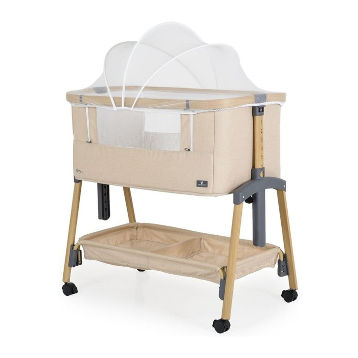 Cangaroo Beistellbett Amo Babybett höhenverstellbar mit Moskitonetz und Rollen in Beige - Bild 1