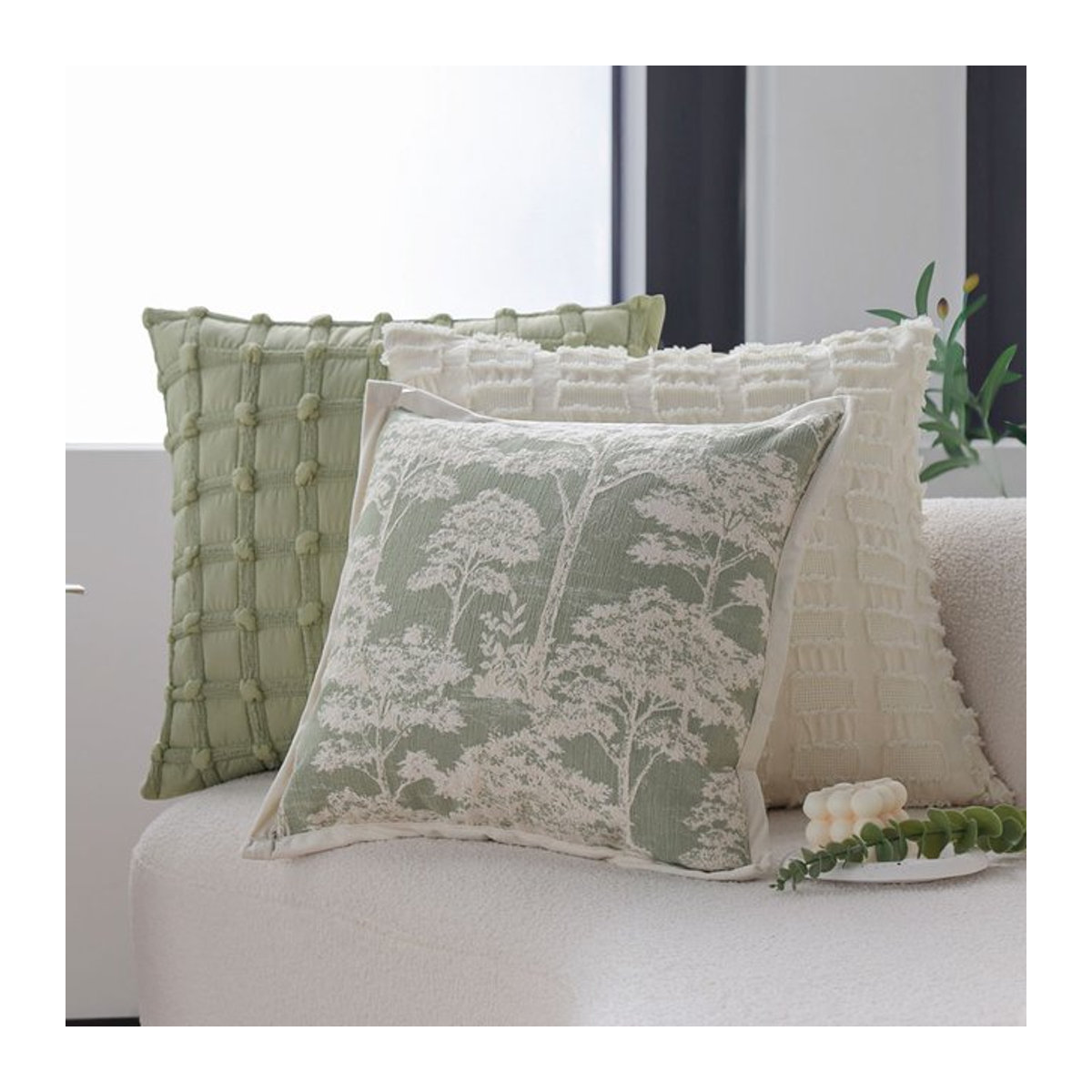 CANIRICA Boho Kissenbezüge aus Baumwolle in Grün und Weiß, Jacquard-Design für Sofa und Couch, B/H: 45,7 x 45,7 cm - Bild 1