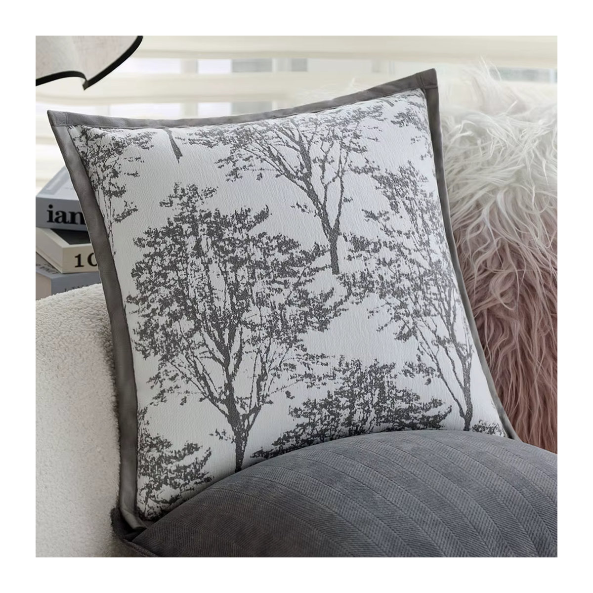 Canirica Jacquard-Kissenbezug im nordischen Stil, Grau und Weiß, B/H: 45 x 45 cm - Bild 2