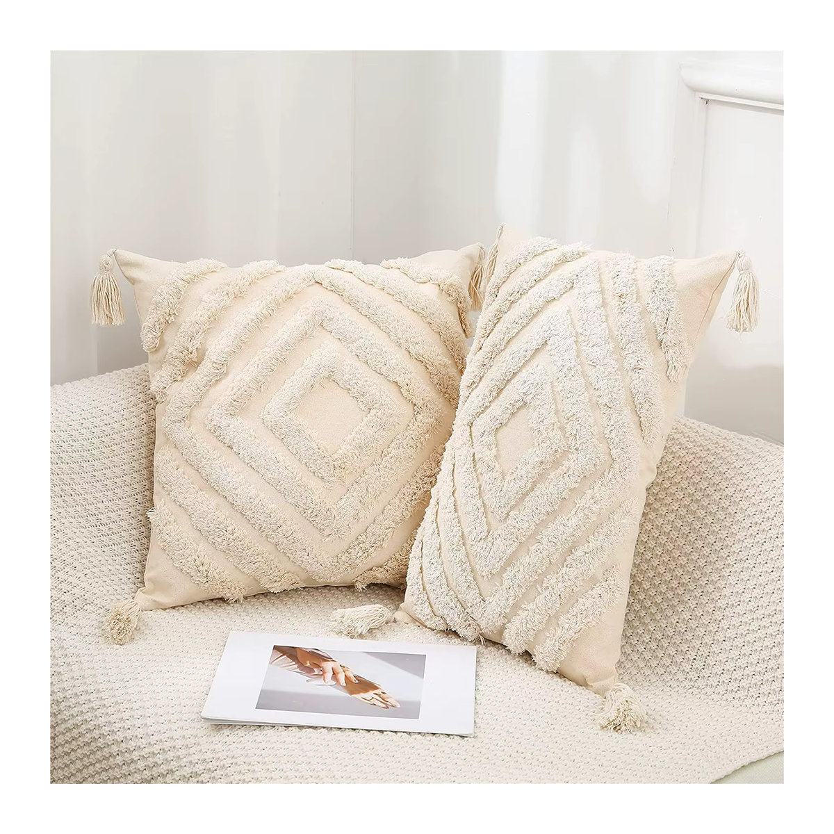 CANIRICA Kissenbezug aus 100 % Baumwolle im Boho-Stil mit geometrischem Design und Quasten, Weiß und Beige - Bild 2