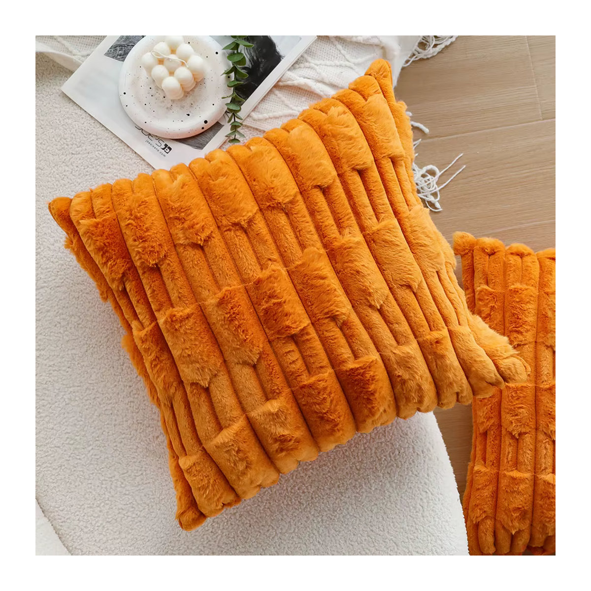 CANIRICA Kissenbezug aus weichem Plüsch in Orange für Sofa und Schlafzimmer mit Reißverschluss - Bild 4