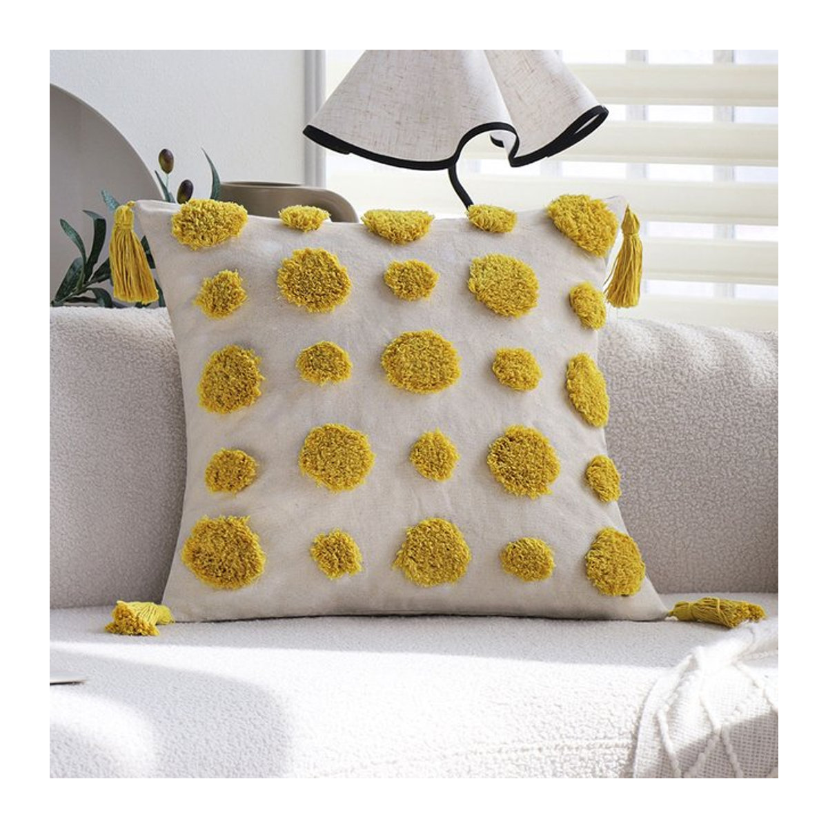 CANIRICA Kissenbezug Gelb im Boho-Stil mit Quasten und Punkten, B/H: 45 x 45 cm - Bild 1