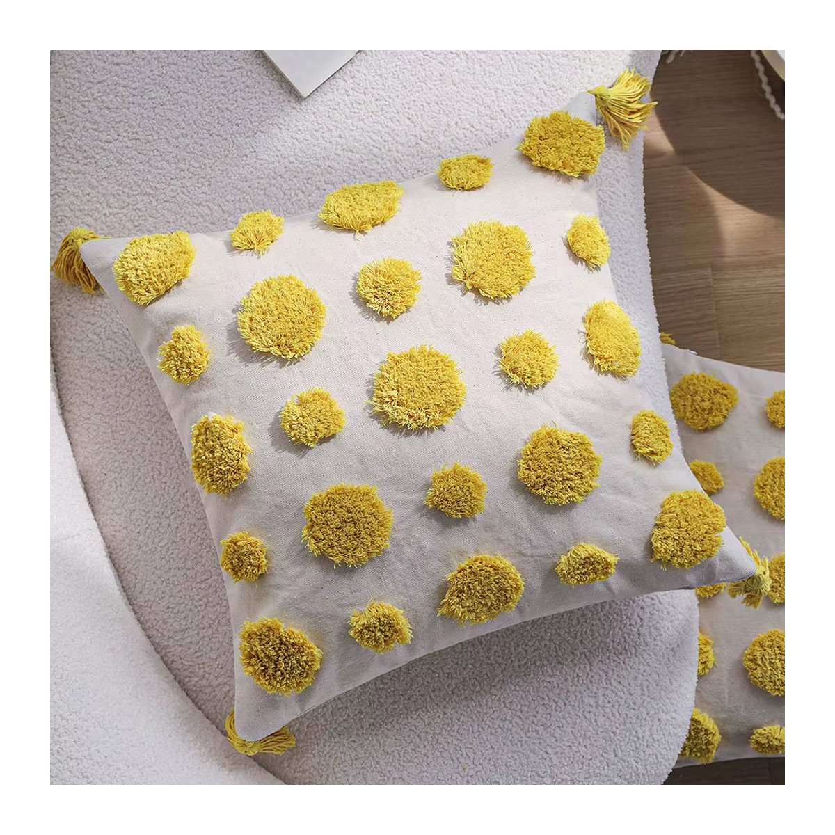 CANIRICA Kissenbezug Gelb im Boho-Stil mit Quasten und Punkten, B/H: 45 x 45 cm - Bild 2