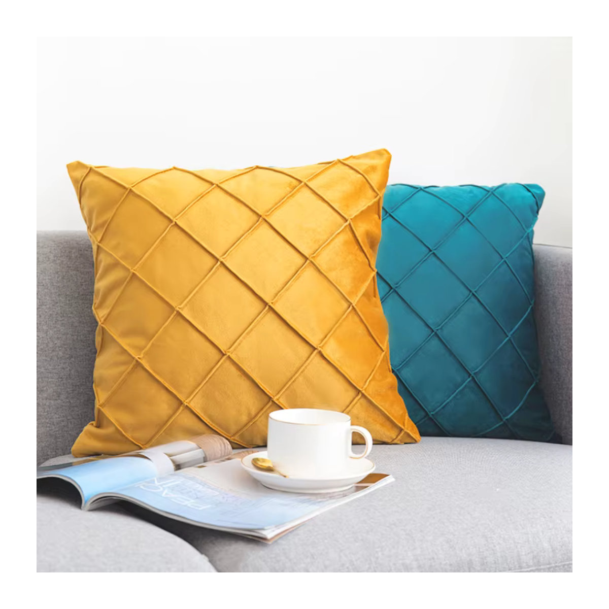 CANIRICA Kissenbezug Gelb Kariert für Sofa und Wohnzimmer Dekoration B/B: 45 x 45 cm - Bild 2