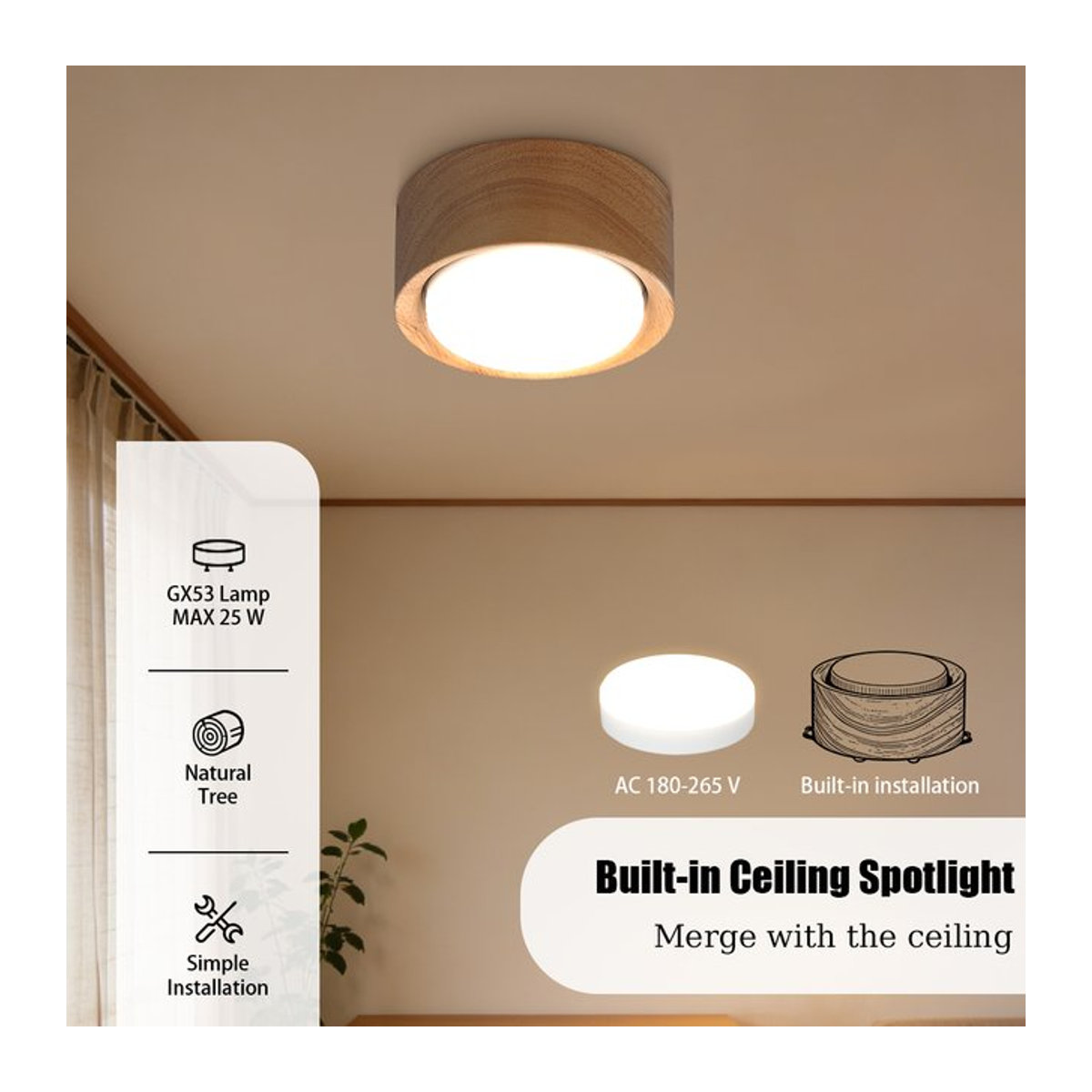 CANMEIJIA LED-Deckenstrahler aus massivem Holz in Natur im skandinavischen Design mit GX53-Einbaustrahlern - Bild 1