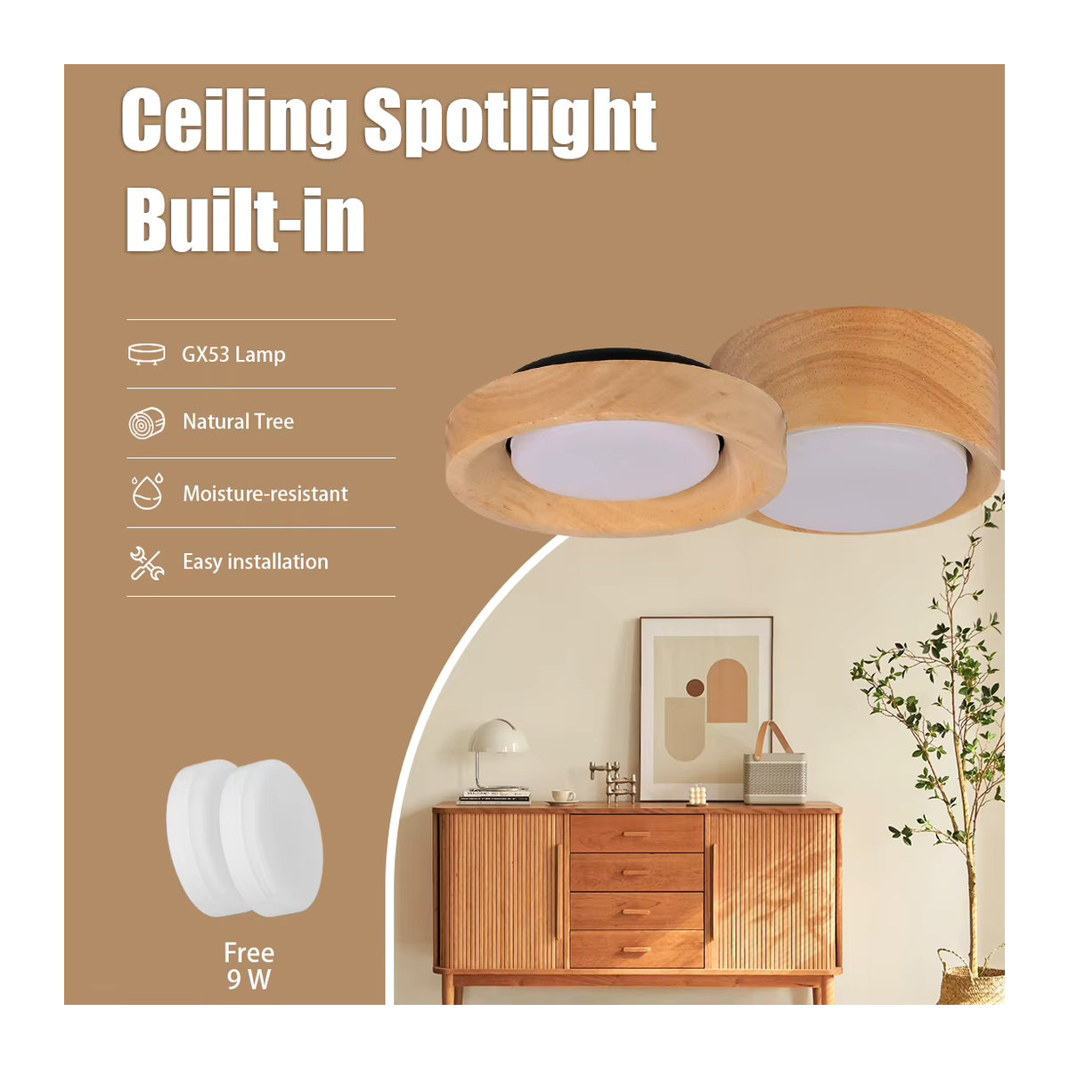 CANMEIJIA LED-Deckenstrahler aus massivem Holz in Natur im skandinavischen Design mit GX53-Einbaustrahlern - Bild 2