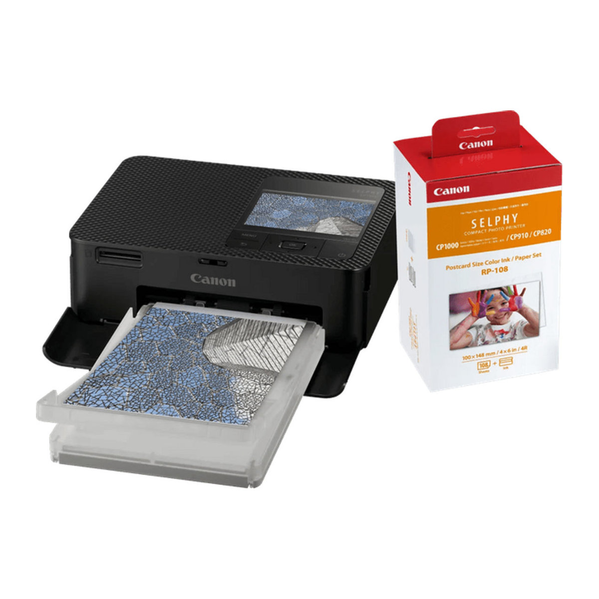 Canon SELPHY CP1500 Fotodrucker in Schwarz mit Canon RP-108 Tinten- und Papier-Set für 108 Blatt - Bild 1