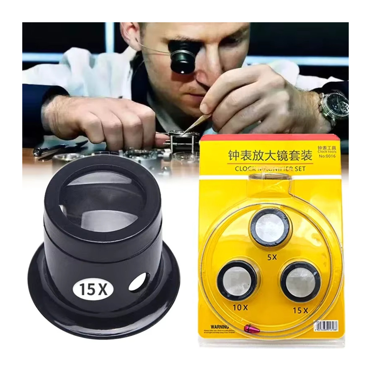 CAOWTAN Uhrmacher Lupe Set mit Clip für Schmuck und Uhrenreparatur, Schwarz, Rund - Bild 1