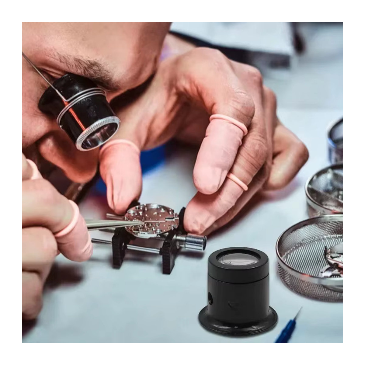 CAOWTAN Uhrmacher Lupe Set mit Clip für Schmuck und Uhrenreparatur, Schwarz, Rund - Bild 4