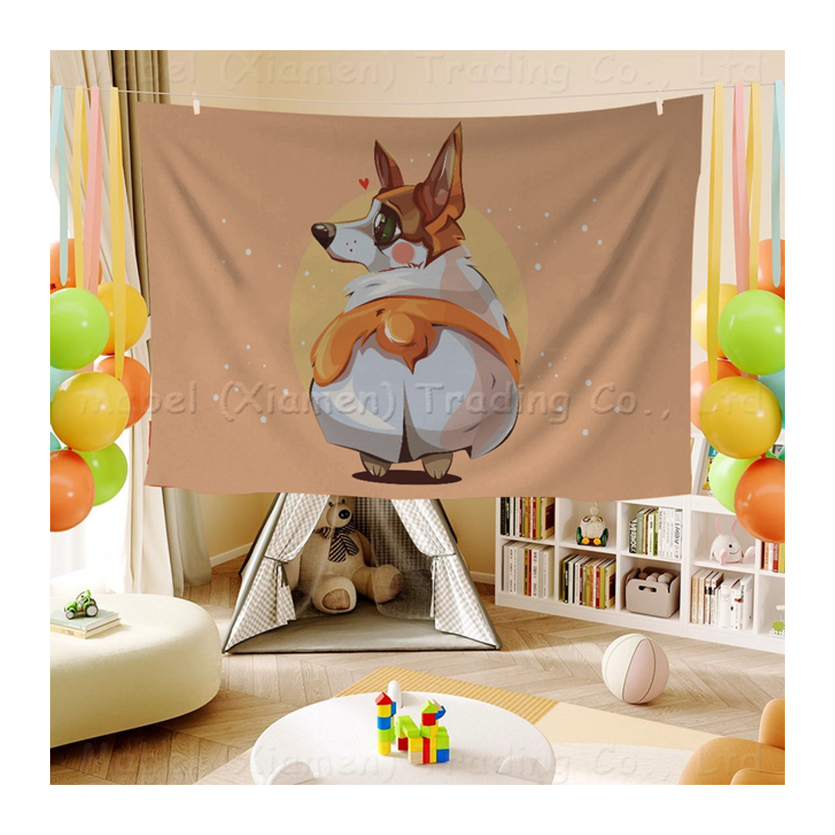Cartoon Corgi Wandbehang als japanische Wandflagge im Anime-Stil, beige Textil-Wandflagge mit Tier-Print für dein Home Decor - Bild 1