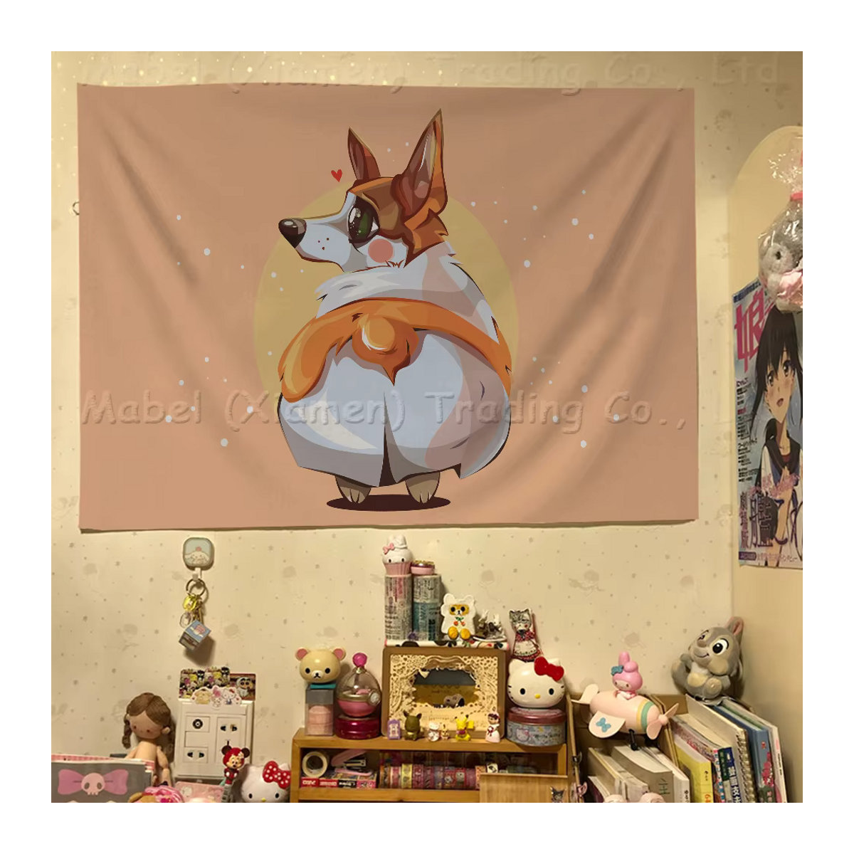 Cartoon Corgi Wandbehang als japanische Wandflagge im Anime-Stil, beige Textil-Wandflagge mit Tier-Print für dein Home Decor - Bild 2