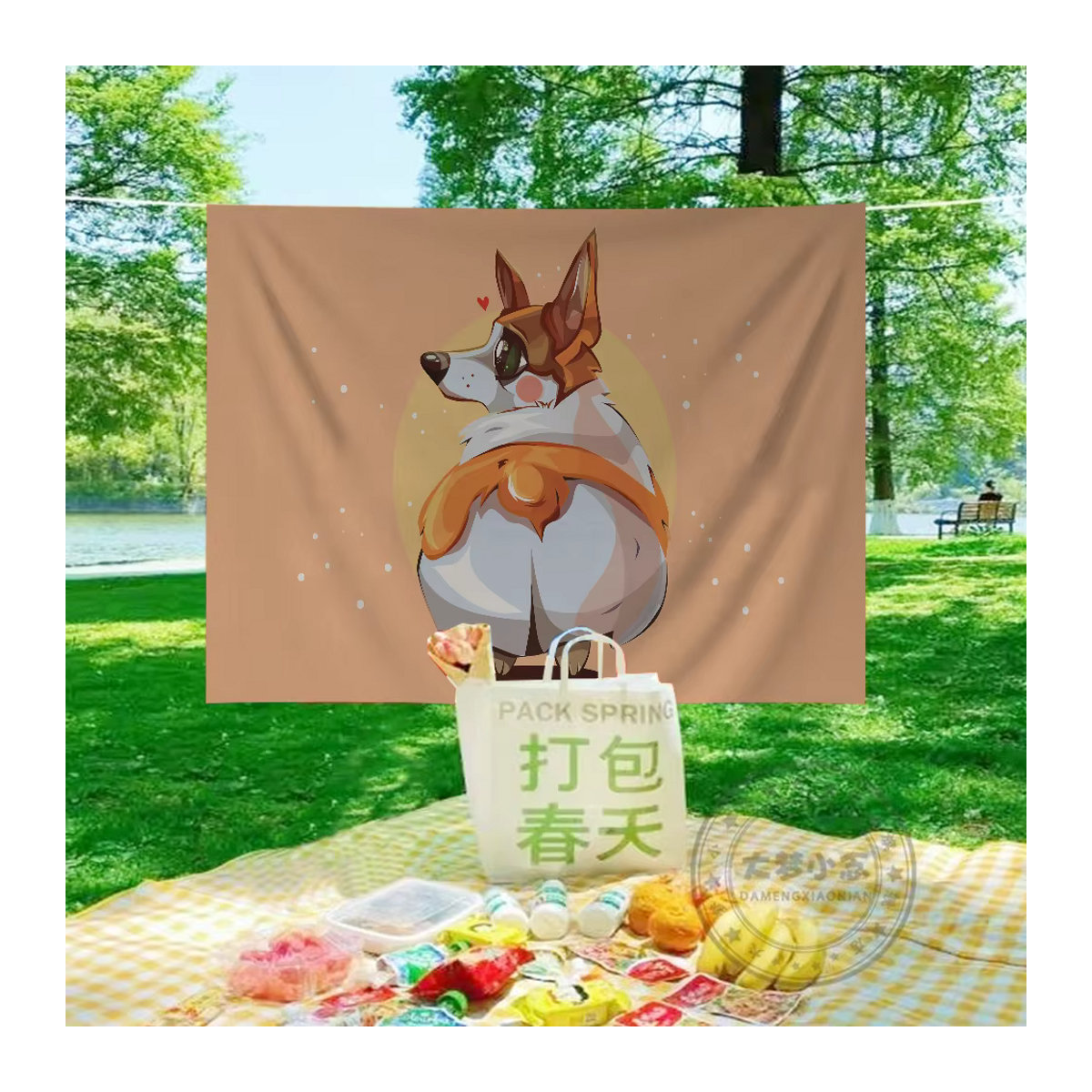 Cartoon Corgi Wandbehang als japanische Wandflagge im Anime-Stil, beige Textil-Wandflagge mit Tier-Print für dein Home Decor - Bild 3