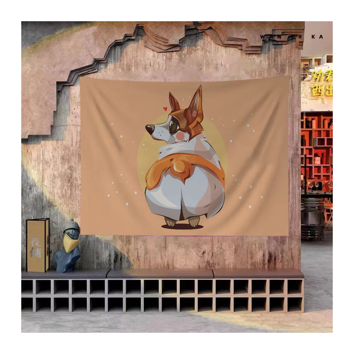 Cartoon Corgi Wandbehang als japanische Wandflagge im Anime-Stil, beige Textil-Wandflagge mit Tier-Print für dein Home Decor - Bild 4