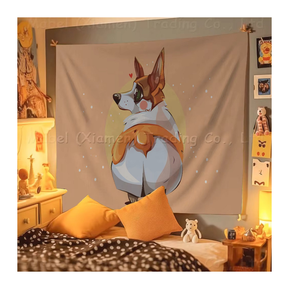 Cartoon Corgi Wandbehang als japanische Wandflagge im Anime-Stil, beige Textil-Wandflagge mit Tier-Print für dein Home Decor - Bild 5