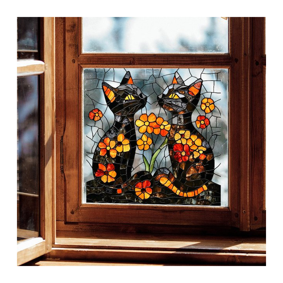 Cartoon-Kätzchen-Blumen-Glasaufkleber in Mehrfarbig für deine Wanddekoration - Bild 1