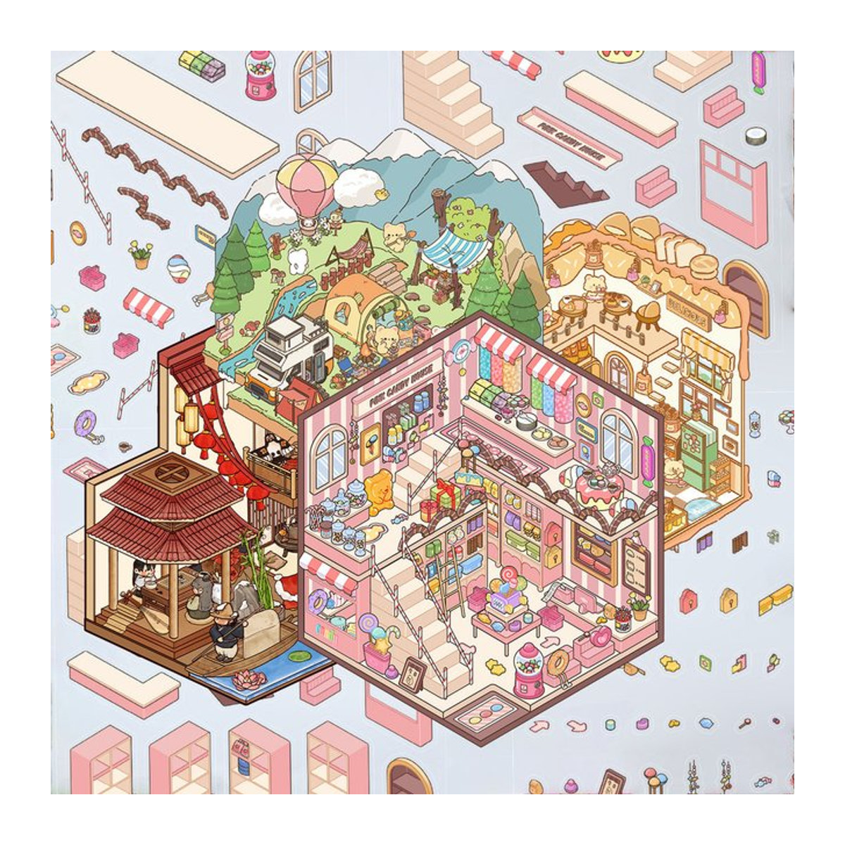 Cartoon-Landschaftsaufkleber Pink Candy House Miniature World 3D Hut von Anime Worlds Store in Rosa und Mehrfarbig - Bild 1