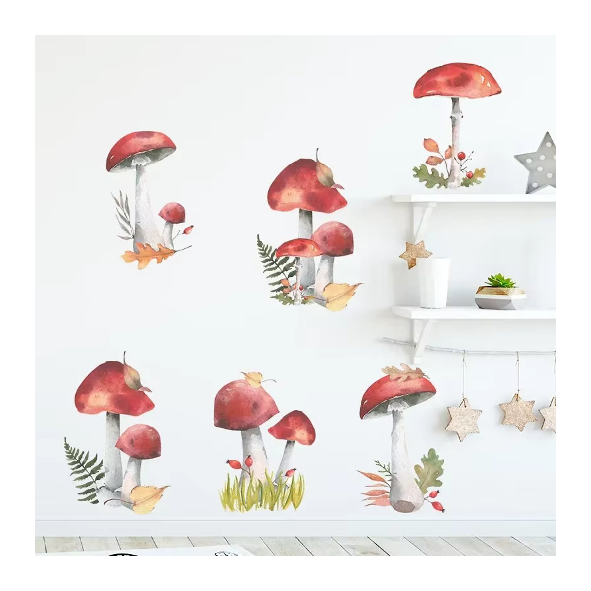 Cartoon Wandaufkleber Fee mit Wald, Pilzen und Pflanzen in Rot für dein Kinderzimmer und Schlafzimmer - Bild 3