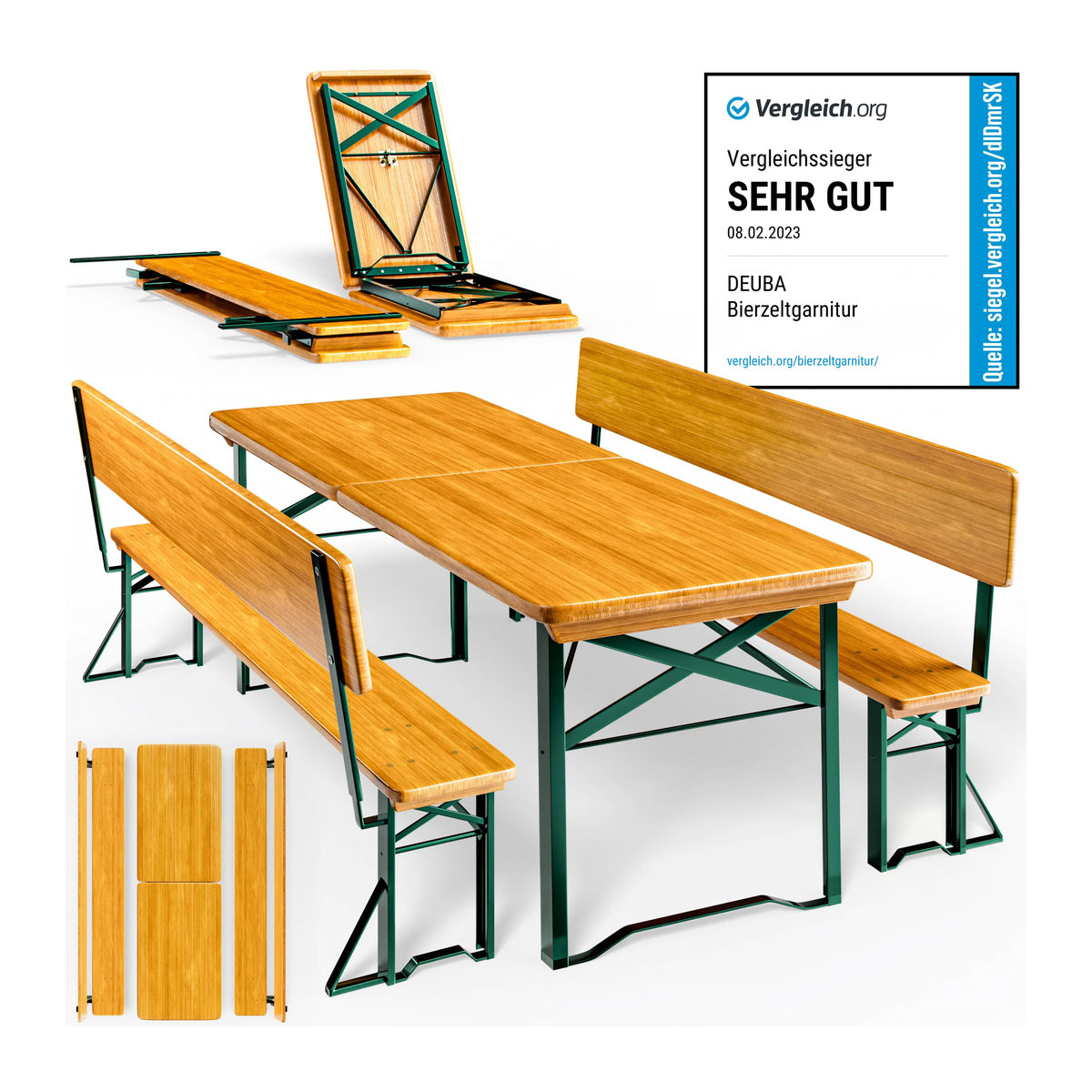 CASARIA Bierzeltgarnitur für 8 Personen aus Holz und Stahl in Braun Natur, klappbar mit Rückenlehne, B/T/H: 170 x 70 x 75 cm - Bild 2