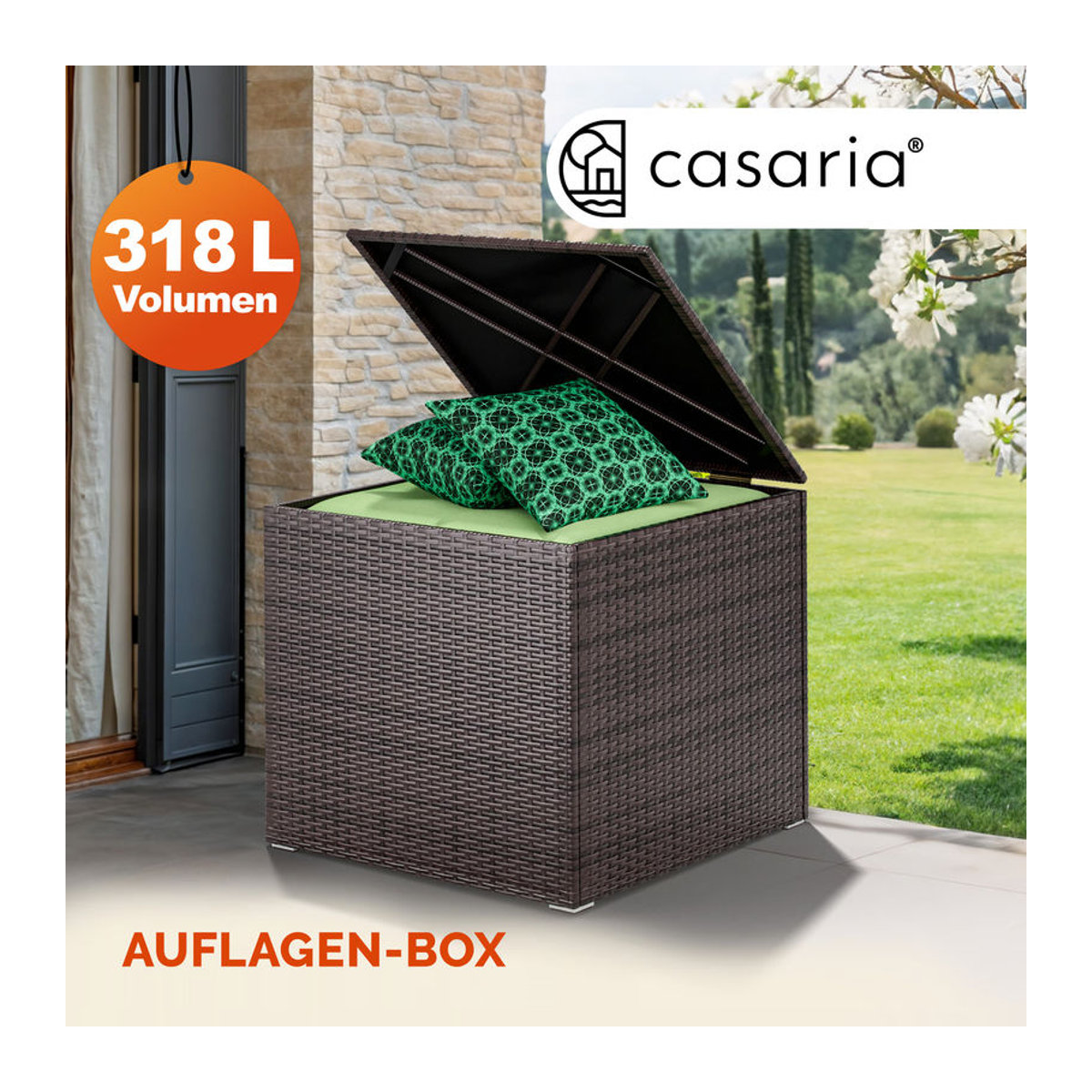 Casaria Gartenbox aus Polyrattan in Braun mit Innenverkleidung und Gasdruckfeder, 318L, B/T/H: 75 x 75 x 70 cm - Bild 2