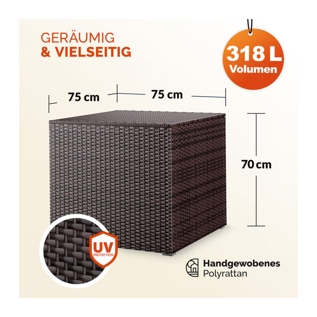 Casaria Gartenbox aus Polyrattan in Braun mit Innenverkleidung und Gasdruckfeder, 318L, B/T/H: 75 x 75 x 70 cm - Bild 3