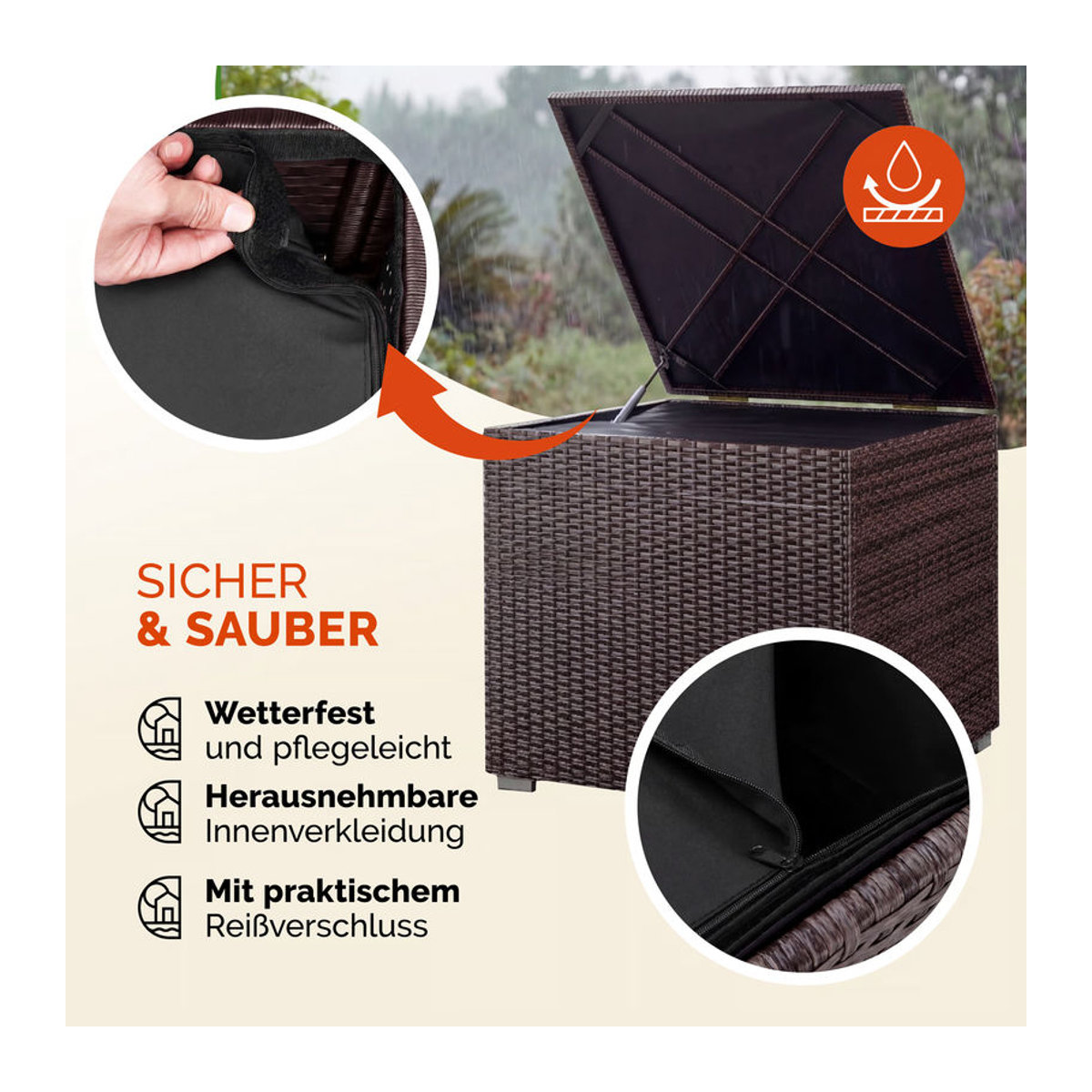 Casaria Gartenbox aus Polyrattan in Braun mit Innenverkleidung und Gasdruckfeder, 318L, B/T/H: 75 x 75 x 70 cm - Bild 4