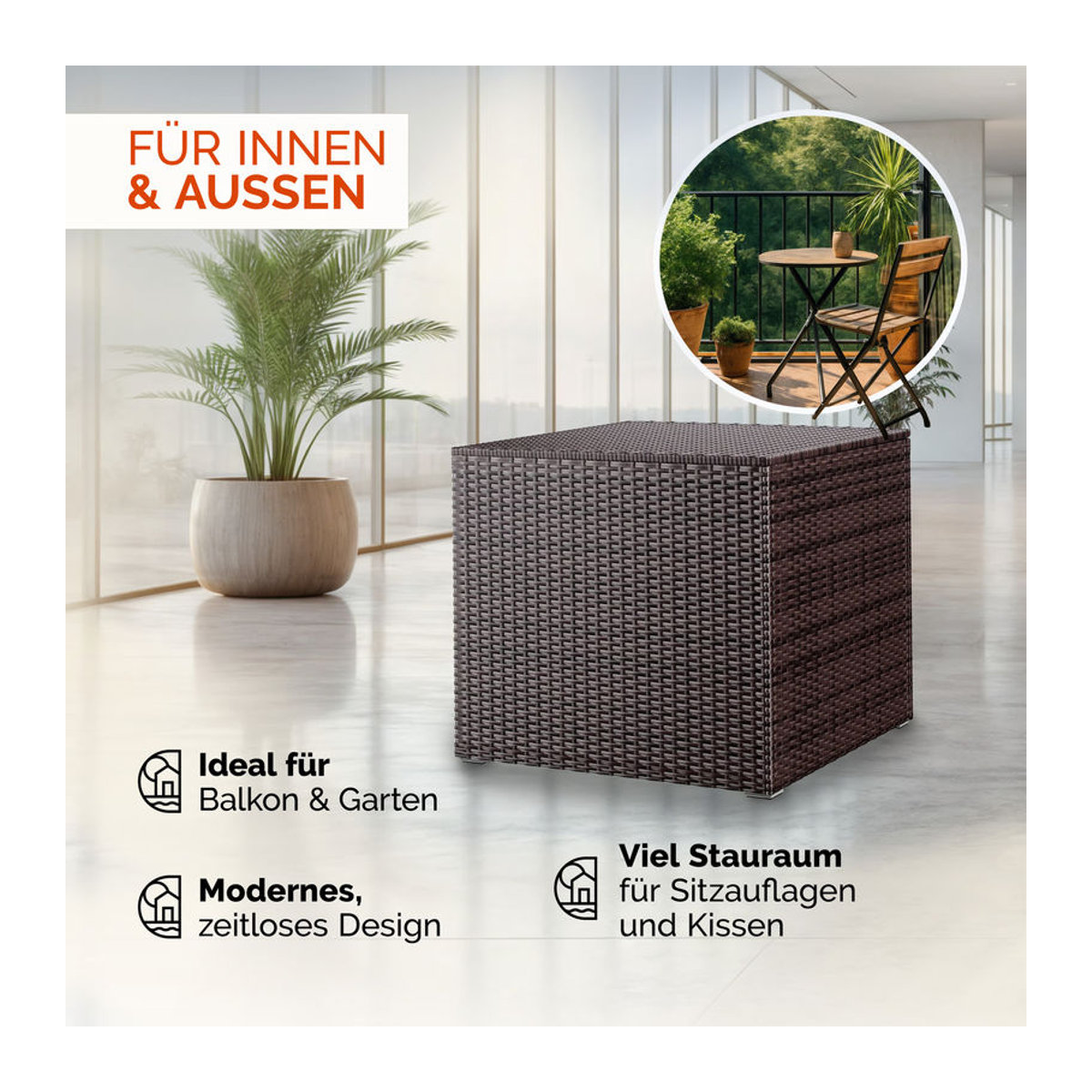 Casaria Gartenbox aus Polyrattan in Braun mit Innenverkleidung und Gasdruckfeder, 318L, B/T/H: 75 x 75 x 70 cm - Bild 5