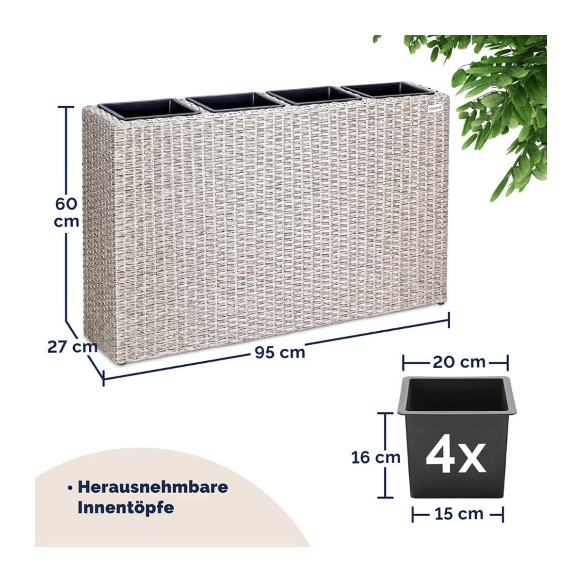CASARIA Polyrattan Blumenkasten in Beige, B/T/H: 95 x 27 x 60 cm - Bild 3